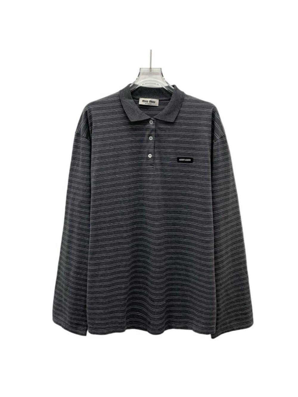 Miu Miu 2024 Grey Logo Stripe Long-Sleeve Polo Shirt
